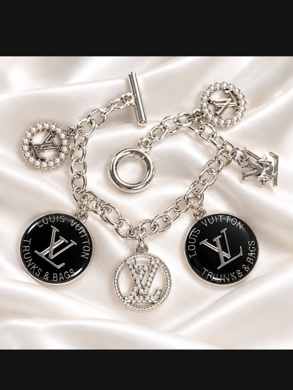 Stainless Steel and Black Enamel LV Charm Bracelet 7.5"